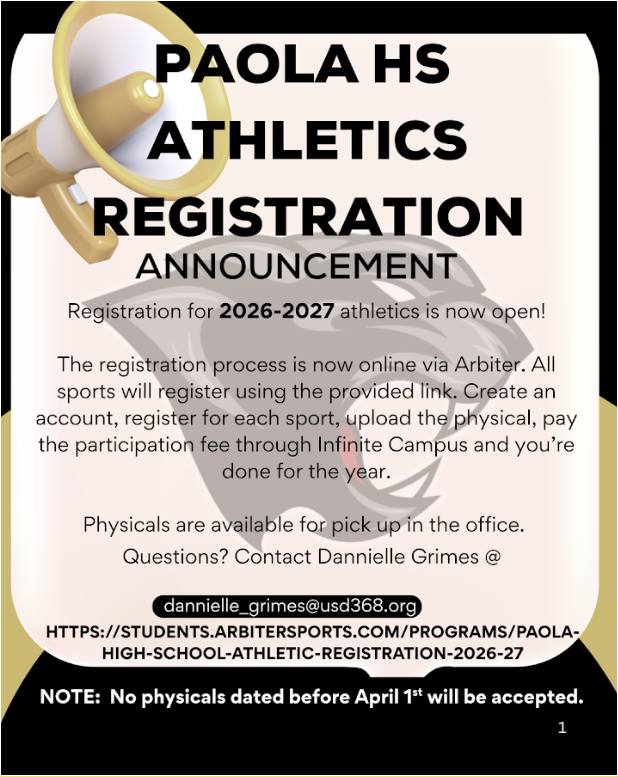PAOLA HS ATHLETICS REGISTRATION ANNOUNCEMENT