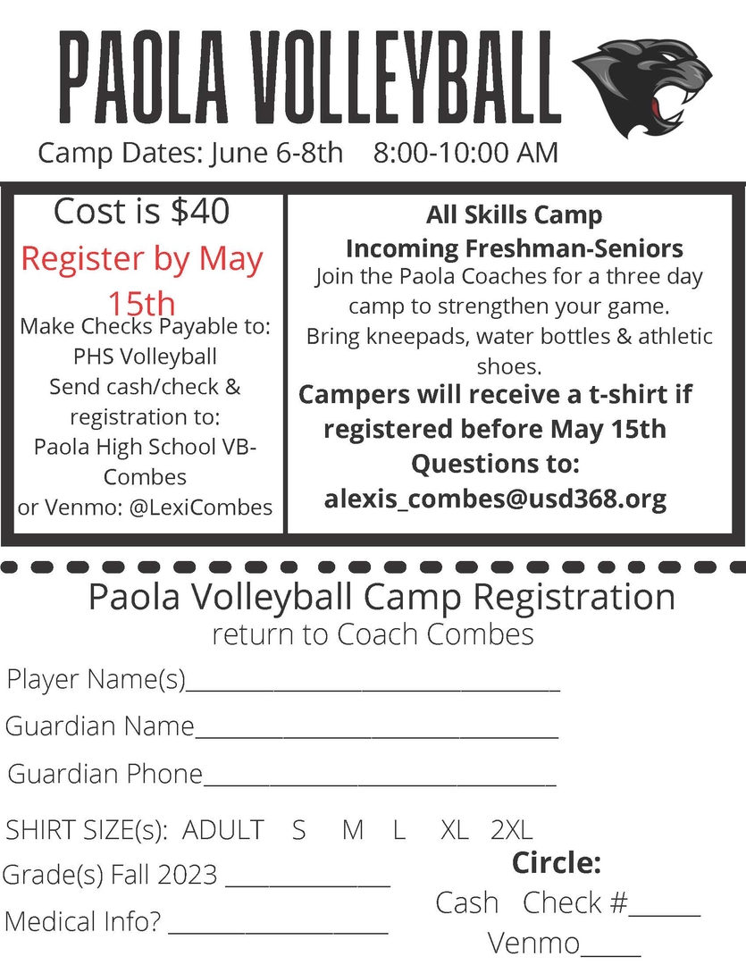 Paola Volleyball Camp Incoming Freshman-Seniors