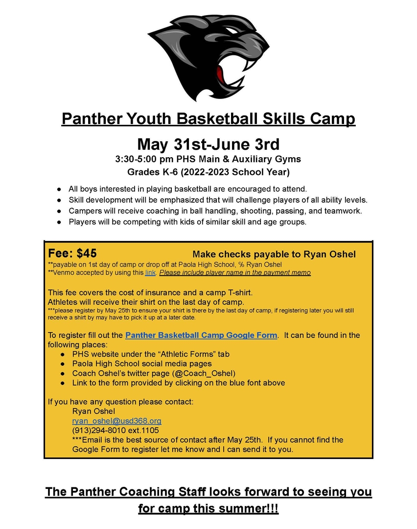 PANTHER YOUTH BASKETBALL SKILLS CAMP FLYER
