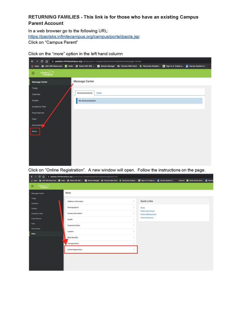 Returning Families Online Parent Portal