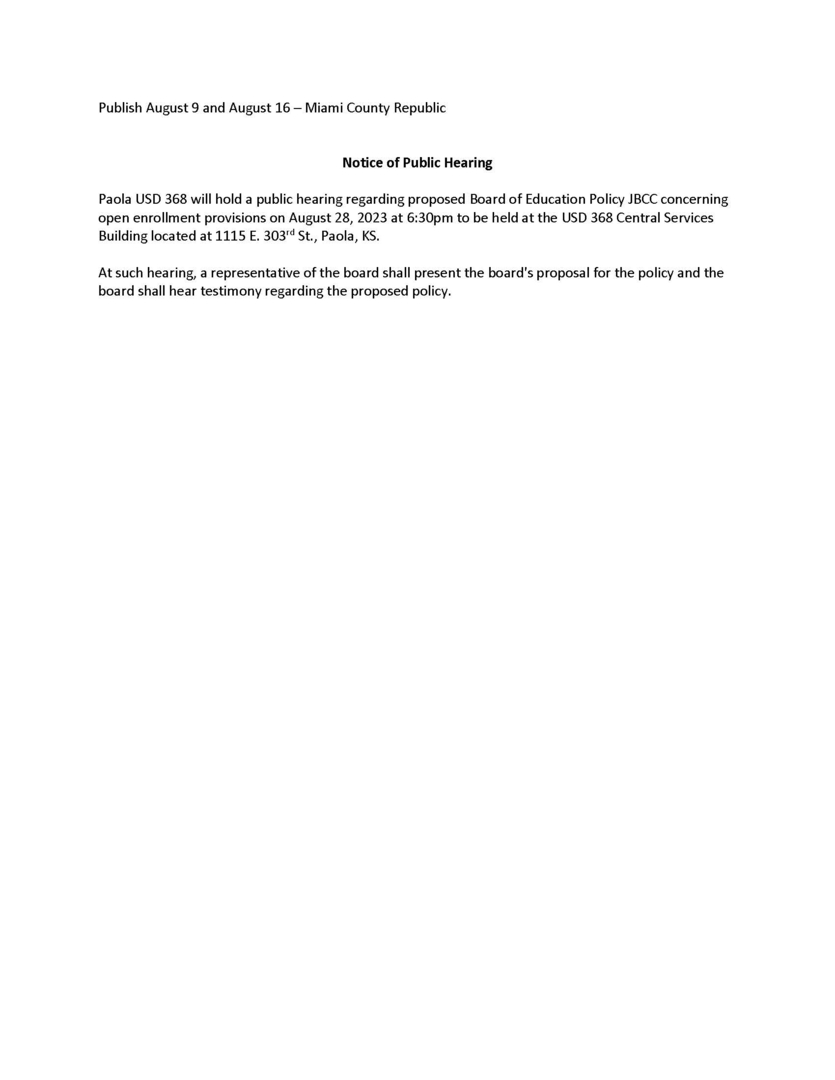 Paola USD 368 Policy JBCC Notice of Hearing Paola USD 368 Policy JBCC Notice of Hearing
